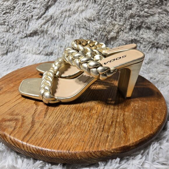 SODA Retro Y2K Womens Size 7.5 Basil Heels Metalic Gold Braided Straps Sandals - Picture 3 of 7